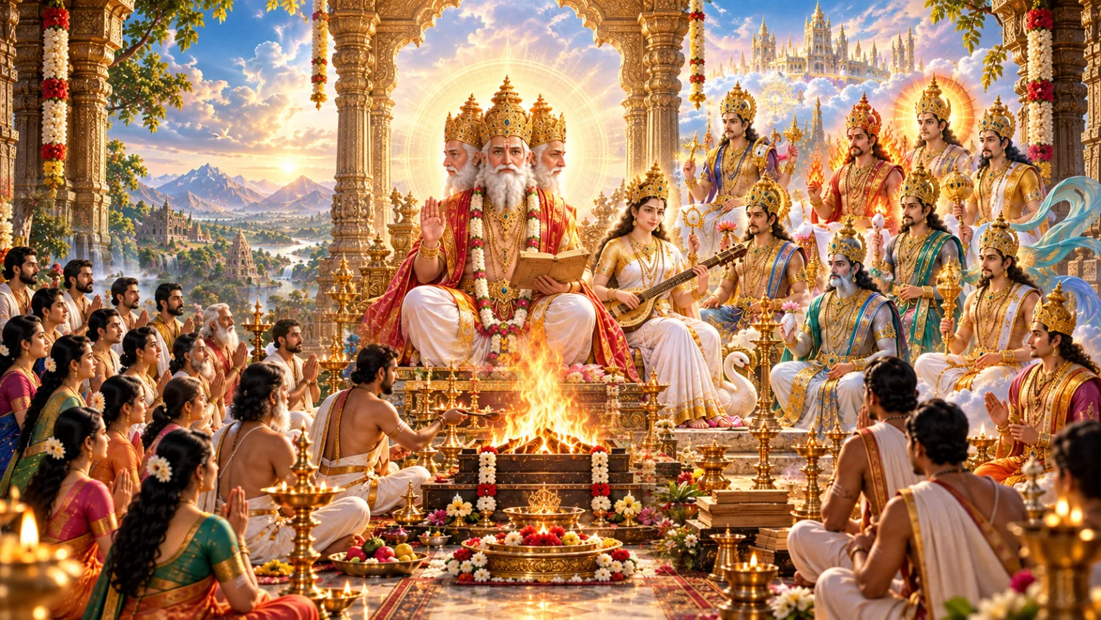 Lord Brahma enthroned before the sacred fire, his hand raised in blessing, giving his counsel to the Devas gathered beside him and to the human devotees seated with folded hands before him