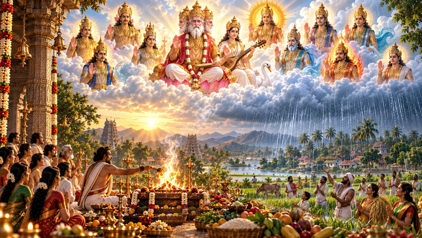 The cycle the verse describes: acharyas offering into the sacred fire, the Devas receiving the offering above the clouds, rain falling from those clouds onto the fields, and the harvest of grain, fruit and vegetables gathered below