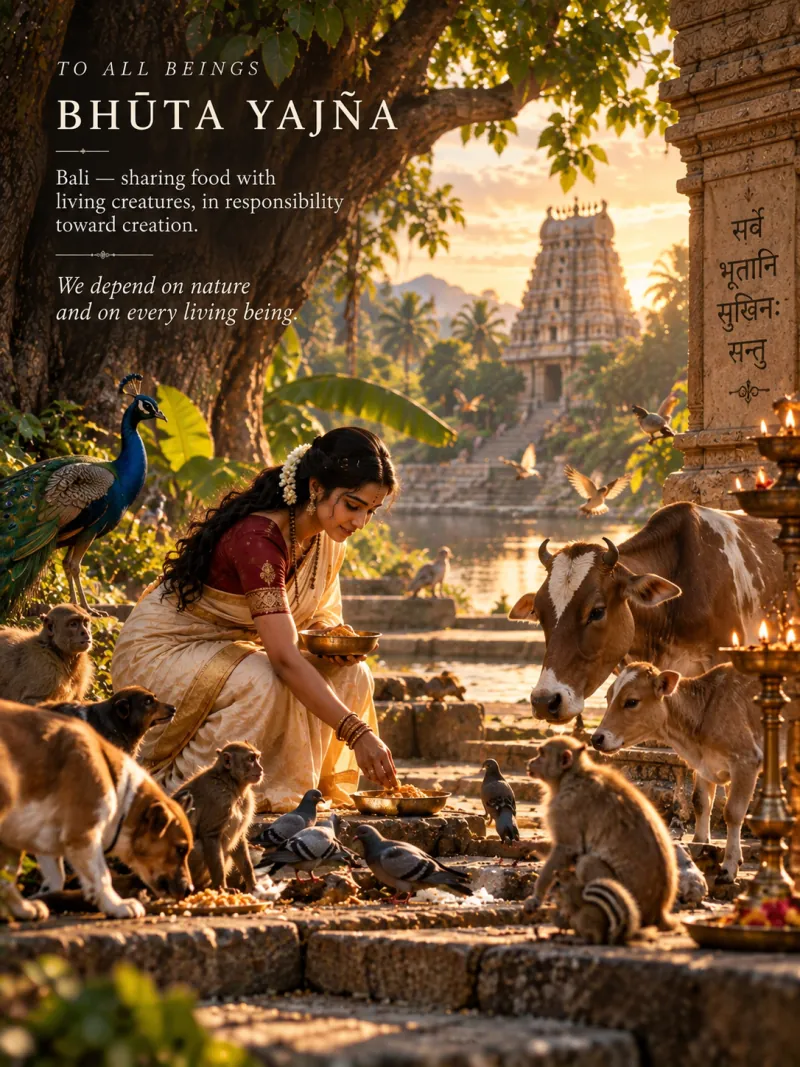 A woman on temple steps at sunrise setting down food for the creatures gathered around her — a cow and calf, monkeys, dogs, pigeons, a peacock and a squirrel