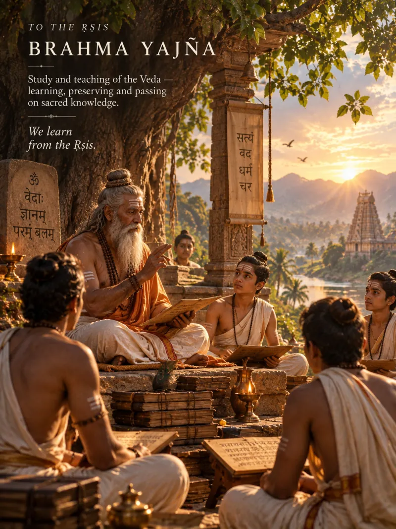 An elderly ṛṣi seated beneath a banyan tree at sunrise, expounding from a palm-leaf manuscript to young students gathered around him with manuscripts of their own