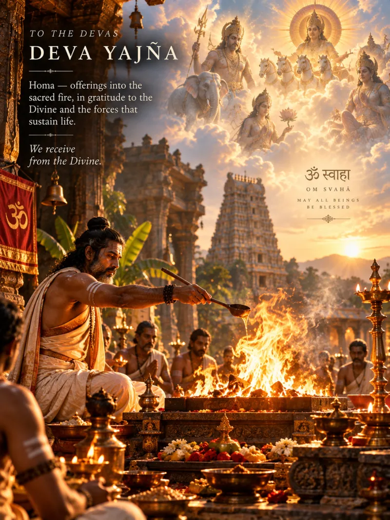 A priest pouring ghee from a long spoon into a blazing sacred fire before a temple at sunrise, devotees seated around it, and the Devas appearing among the clouds above