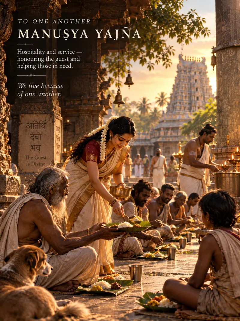 A woman serving rice onto banana leaves for a row of people seated on a temple floor at sunrise, an elderly man and a dog among them, beside a pillar carved atithi devo bhava