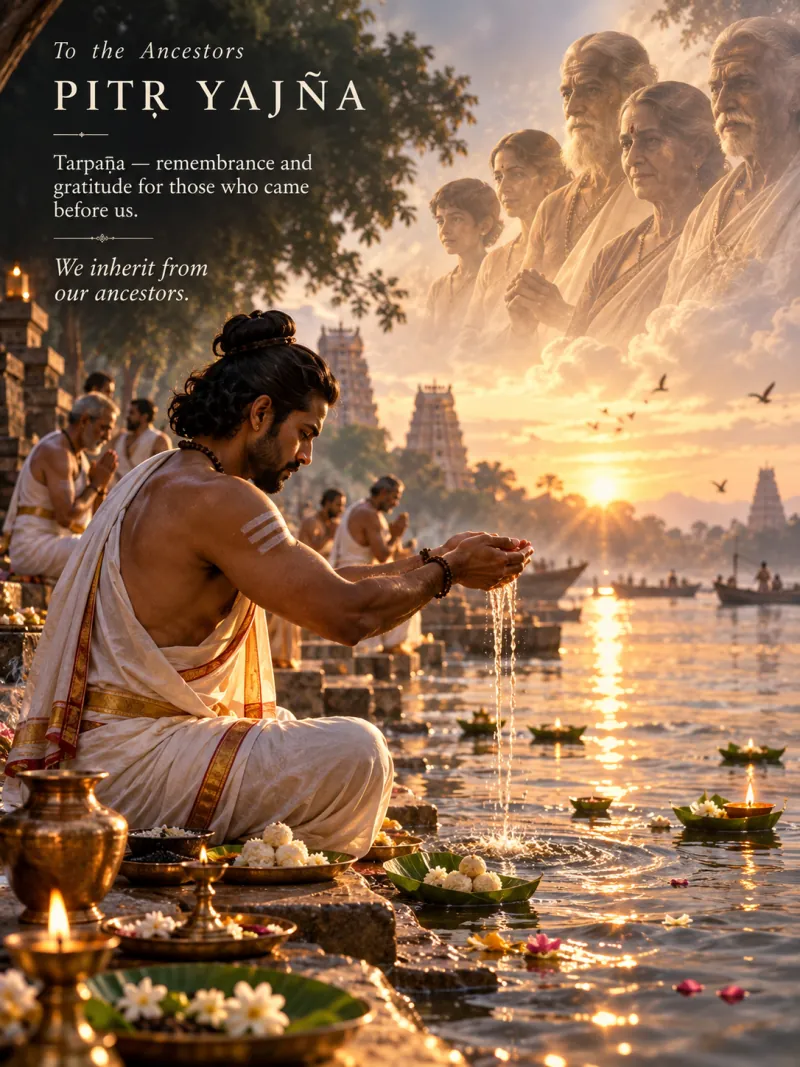 A man seated at a river ghat at sunrise pouring a tarpaṇa offering of water from his hands, lamps floating on the water, and his forebears appearing among the clouds above